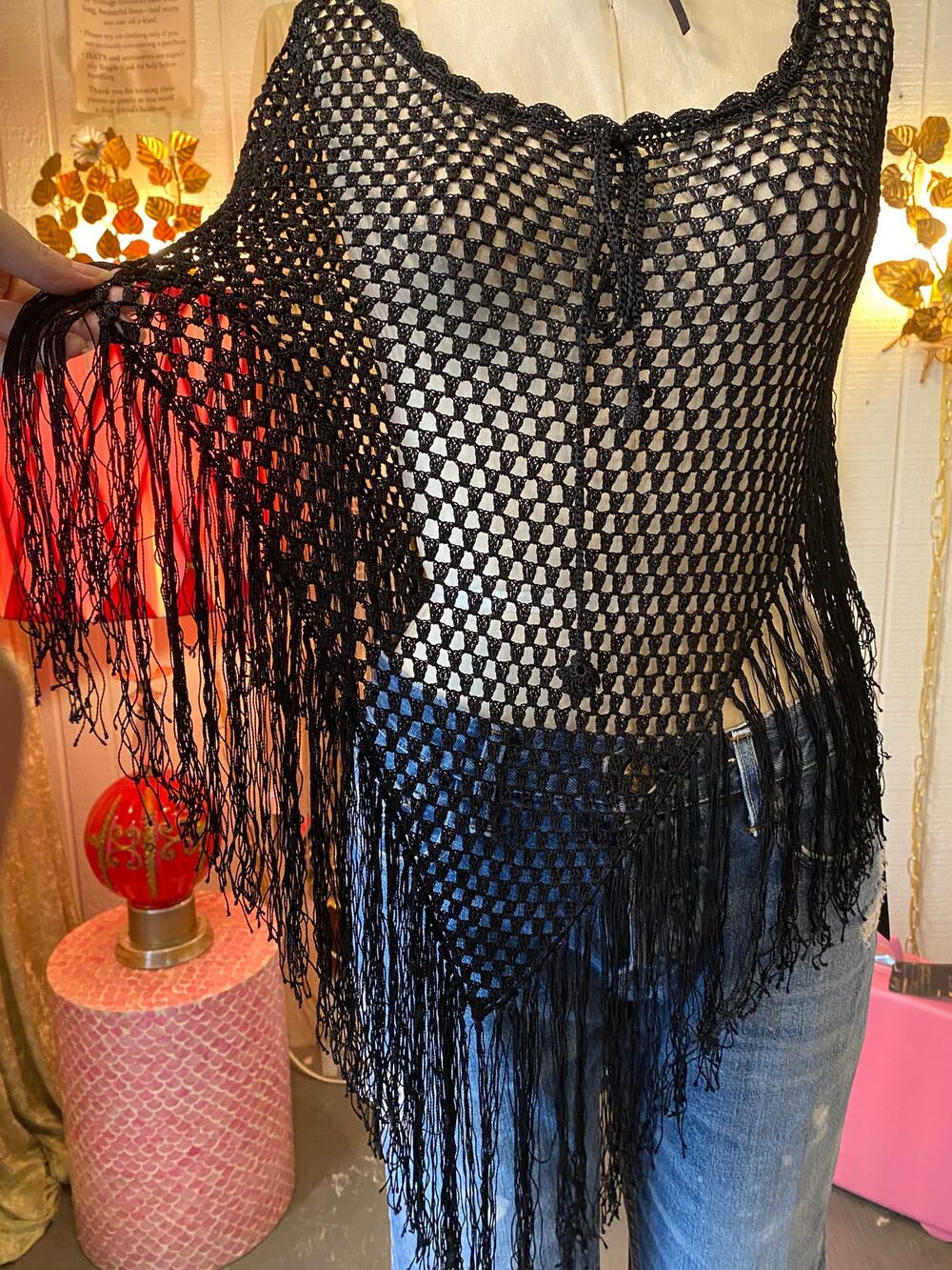 vintage 1990s black crochet fringe shawl blouse, sheer poncho, stevie, tassels